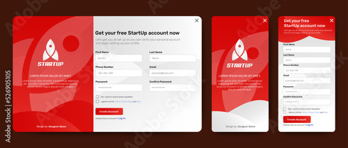 Registration and login forms page with gradient red color. Set of Sign Up and Sign In forms Professional web design, full set of elements. User-friendly design materials.