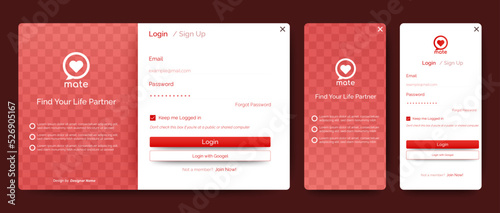 Set of Sign Up and Sign In forms. Red and white. Registration and login forms page. Professional web design, full set of elements. User-friendly design materials.