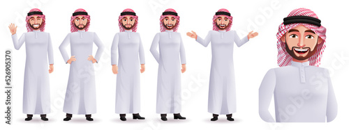 Arab man vector character set design. Arabic male business characters in smiling, angry and serious expression with standing pose for arab graphic collection. Vector illustration.
