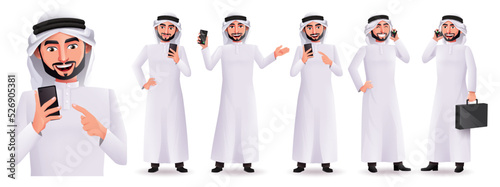 Arab business man vector character set. Arabian male characters holding bag and phone isolated in white background for emirati collection design. Vector illustration.

