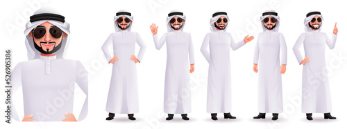 Arab business man vector character set. Arabian boss characters in sunglasses with standing and waving pose and gestures for emirati people design collection. Vector illustration.
