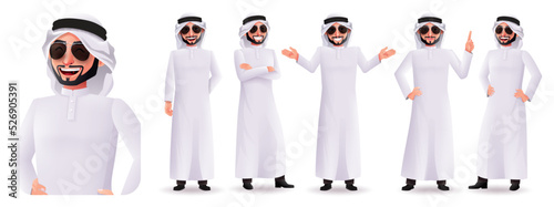 Arabian man vector character set design. Arab male characters with happy and smiling facial expression isolated in white background for business boss collection. Vector illustration.
