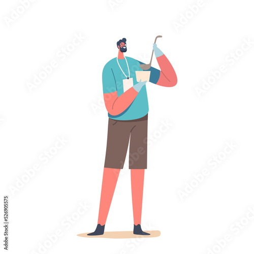 Volunteer Serving Food to Homeless People Isolated on White Background. Young Man with Charity Badge Holding Ladle