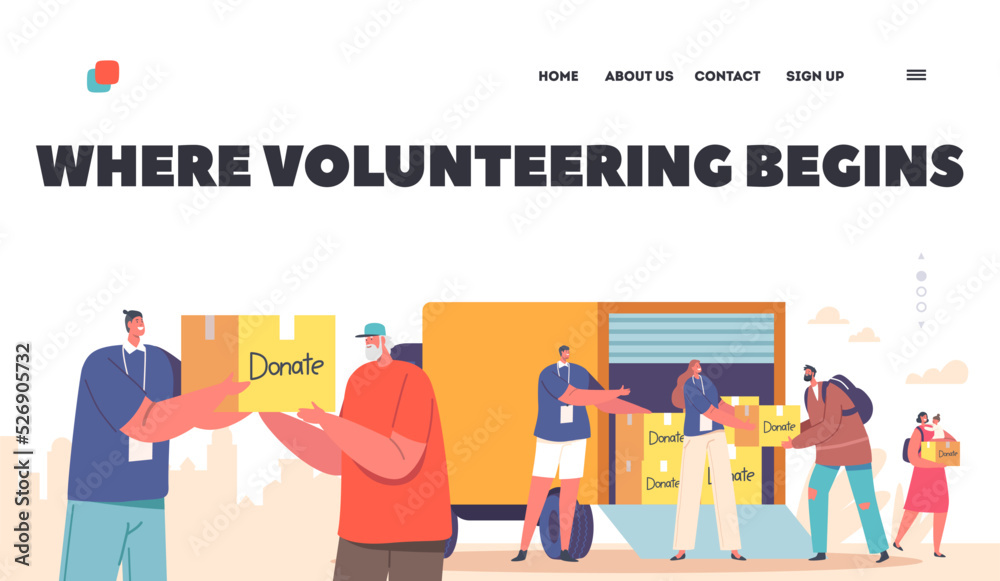 Volunteering Landing Page Template. Volunteers Giving Humanitarian Aid and Governmental Help Boxes to Refugee Characters