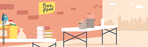 Free Food Donation Concept. Outdoor Shelter for Feeding Homeless People, Bums, Products for Poor People Support