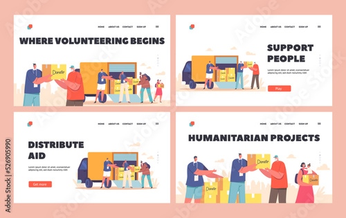 Volunteering Landing Page Template Set. Volunteers Giving Humanitarian Help Boxes to Refugee Characters in Need