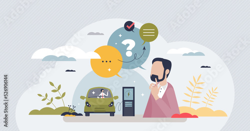 Electric vehicles or cars FAQ or favorite asked questions tiny person concept. Unclear topic explanation and knowledge about green energy and plug in hybrid transportation type vector illustration.