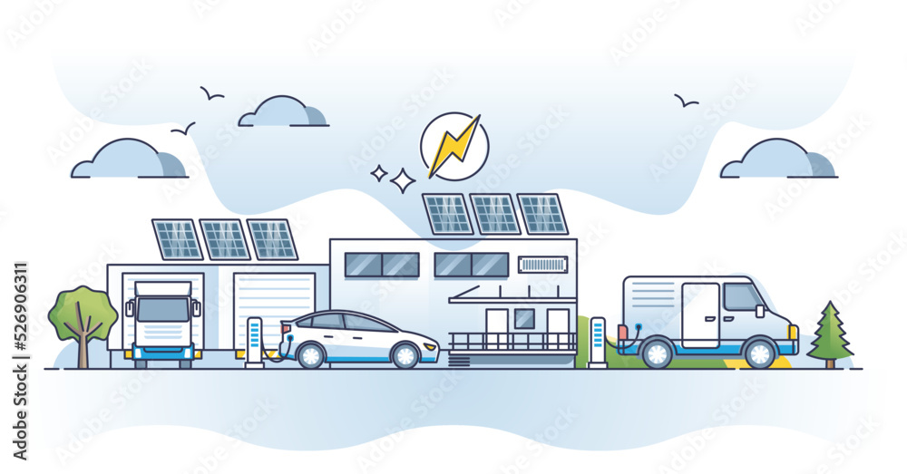 Electric car fleet with plug in company charging parking outline concept. Transport for sustainable, environmental friendly and carbon free business delivery cars vector illustration. Modern logistics