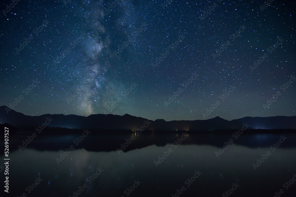 夜の湖と天の川