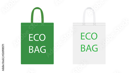 Tote shopping cotton bags with green eco friendly. Paper bag with green twig and recycle sign.