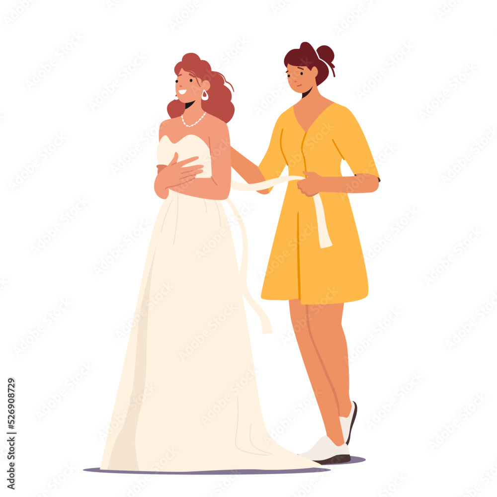 Girl Friend Help Beautiful Bride to Lace Dress before Wedding Ceremony , Marriage Event Isolated on White Background Girl Friend Help Beautiful Bride to Lace Dress before Wedding Ceremony , Marriage Event Isolated on White Background