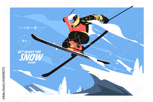 Skier man slide down snowy mountain winter