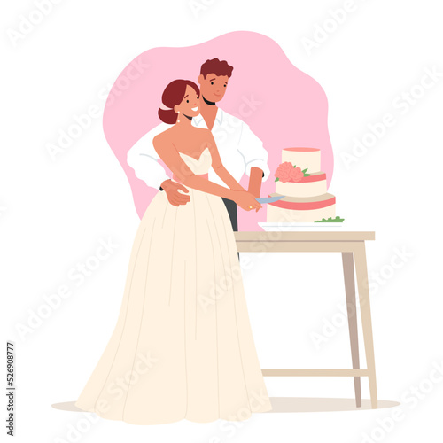 Groom and Bride Couple Cut Festive Cake during Wedding Ceremony, Happy Young Newlywed Characters Celebrate Marriage