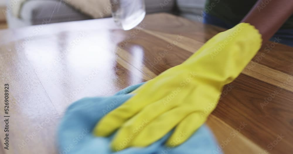 Cleaning, table and living room with woman, spray cloth and housekeeping service with furniture surface at home. Cleaner, hygiene routine and spring cleaning dust in lounge or dining room apartment