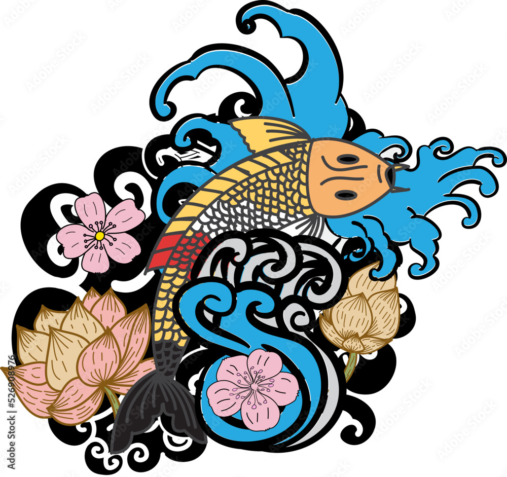 Beautiful line art Koi carp tattoo design ,Black and white koi fish and