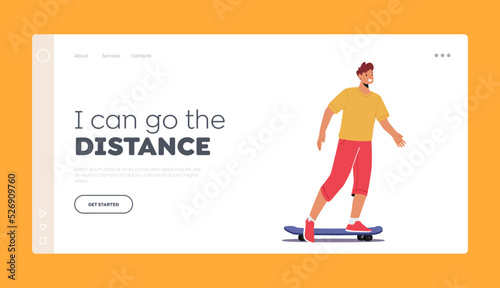 Teenager Boy Riding Skate Board Landing Page Template. Youth Urban Culture and Outdoor Activity, Skateboarding Sport