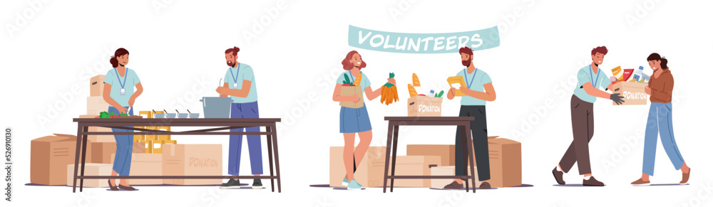 Fototapeta premium Set of Volunteers Giving Humanitarian Aid and Help to Poor People. Characters Donate Food for Supporting Refugees
