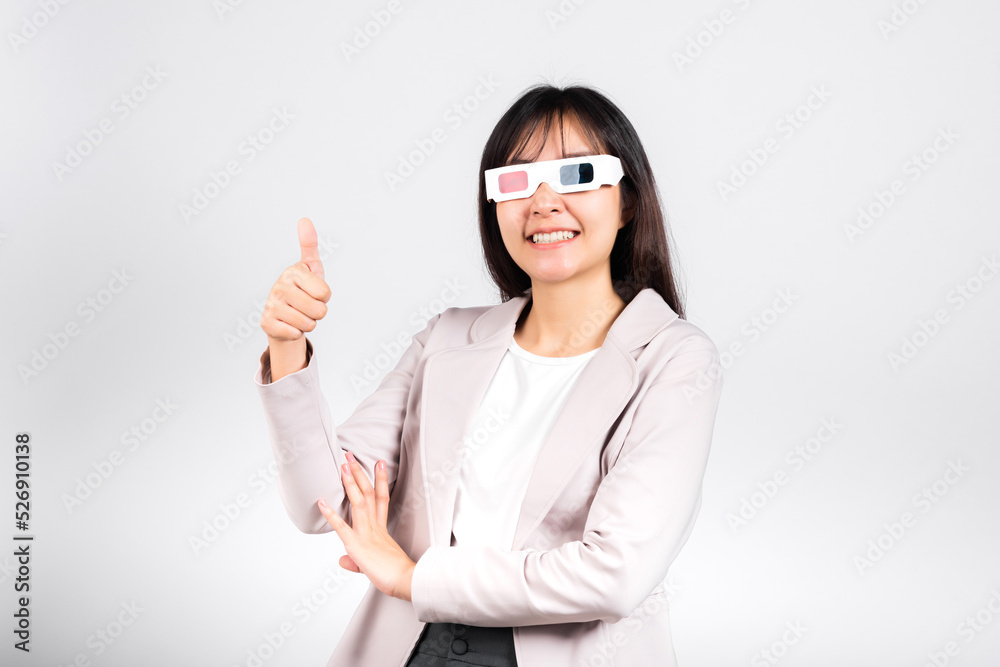 Smiling woman confidence wearing 3d cinema movie glasses red and blue isolated white background, Asian happy portrait beautiful young female in television film studio shot, copy space Smiling woman confidence wearing 3d cinema movie glasses red and blue isolated white background, Asian happy portrait beautiful young female in television film studio shot, copy space