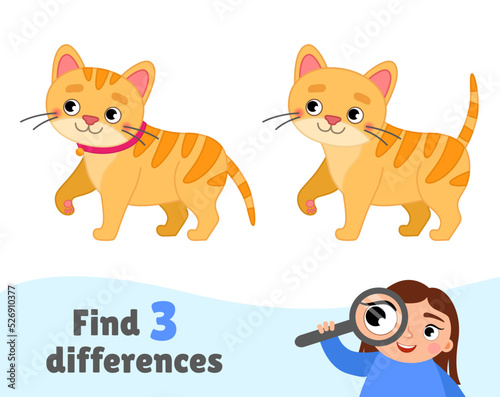 Find differences. Educational game for children. Cartoon vector illustration cute kitten.