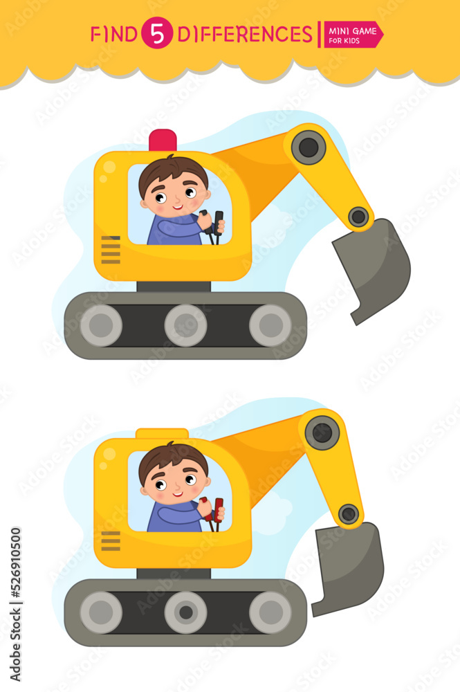 Find differences. Educational game for children. Cartoon vector illustration cute boy rides an excavator.
Find differences. Educational game for children. Cartoon vector illustration cute boy rides an excavator.