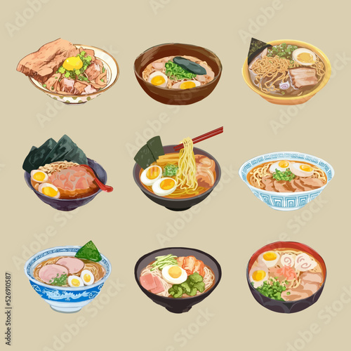 Beef ramen noodles - bowl with noodle, meat pieces and vegetables. Watercolor vector illustration