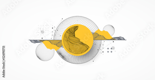 Sphere  theme with connected lines in technology style background. Wireframe illustration. Abstract 3d grid design.