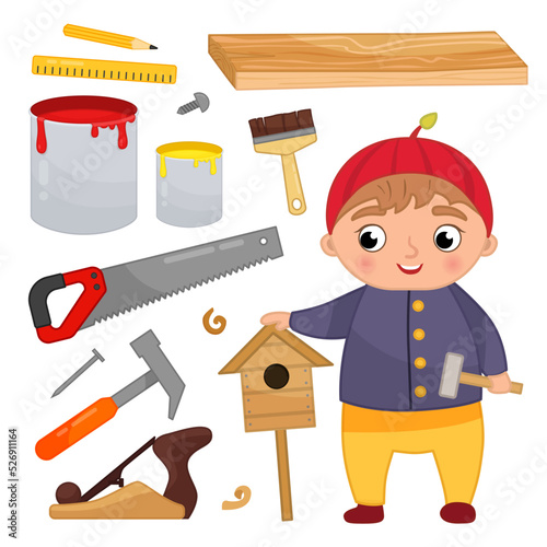 Vector illustration of a cute little boy made a birdhouse. Set of cartoon carpentry tools.
