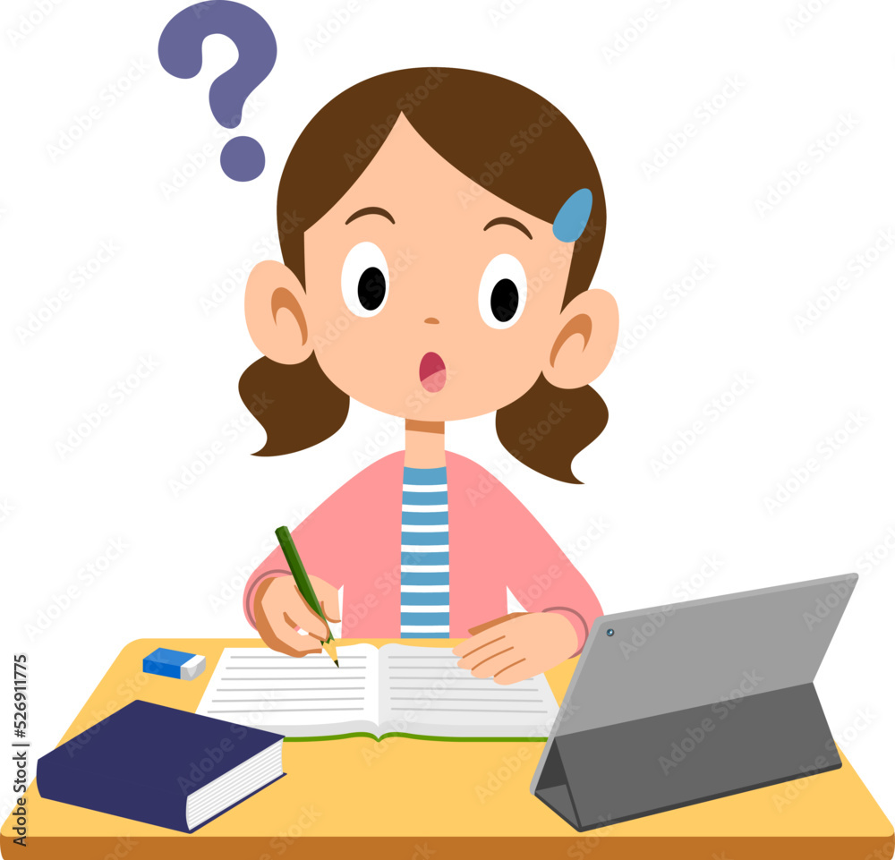疑問を持つタブレットを使い学習する女の子
疑問を持つタブレットを使い学習する女の子
