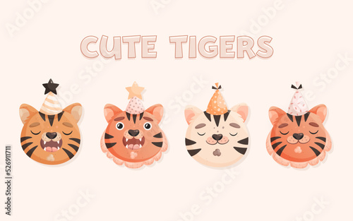 Collection of cute tigers heads. Vector illustration in flat cartoon style for print, shirt, greeting, invitation, card, textile.