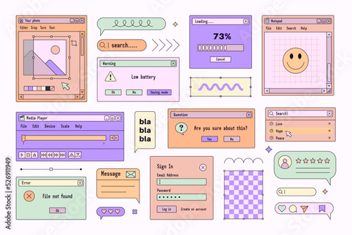 Browser Computer Interface Windows in Vaporwave 90s Style. Retro PC Desktop Template Boxes. Vector