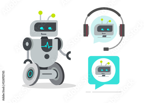 Robot cartoon character vector icon or chat bot chatbot ai support help technology with smart intelligence modern graphic illustration design, virtual digital online tech image