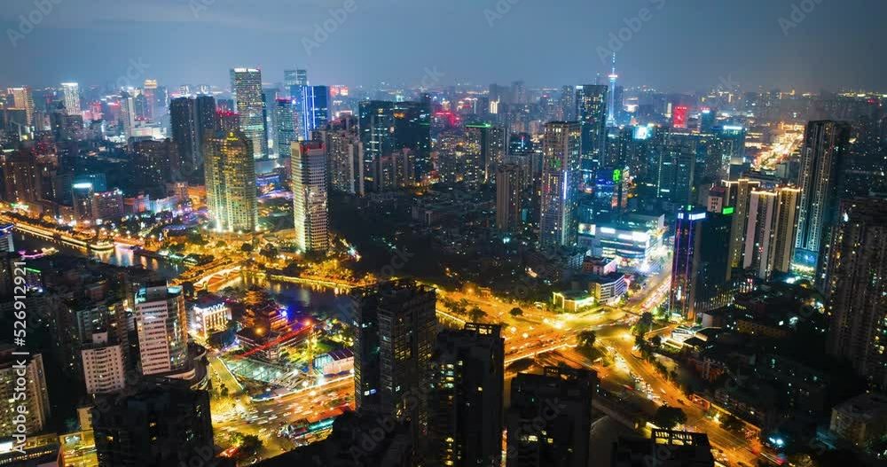 Aerial hyper lapse (hyperlapse - time lapse) of Chengdu Cityscape traffic on the road of Sichuan China