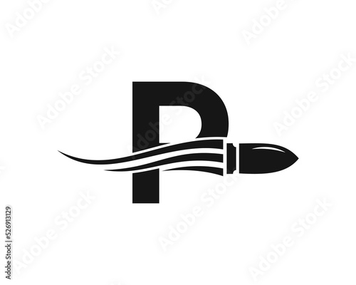 Initial Letter P Shooting Bullet Logo With Concept Weapon For Safety and Protection Symbol