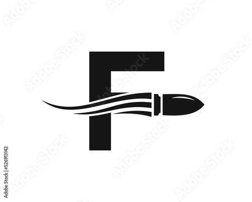 Initial Letter F Shooting Bullet Logo With Concept Weapon For Safety and Protection Symbol