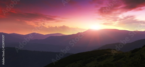picturesque autumn sunrise image in mountains, autumn morning dawn, nature colorful background, Carpathians mountains, Ukraine, Europe © Rushvol