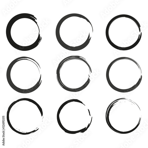 Hand drawn brush circles. Round frame set. Grunge texture background. Vector illustration. stock image.