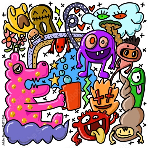 Hand-drawn illustrations, monsters doodle, Hand Drawn cartoon monster illustration,Cartoon crowd doodle hand-drawn Doodle style.