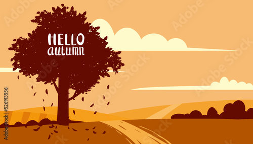 Hello Autumn landscape countryside scene, banner. Rural fall view fields