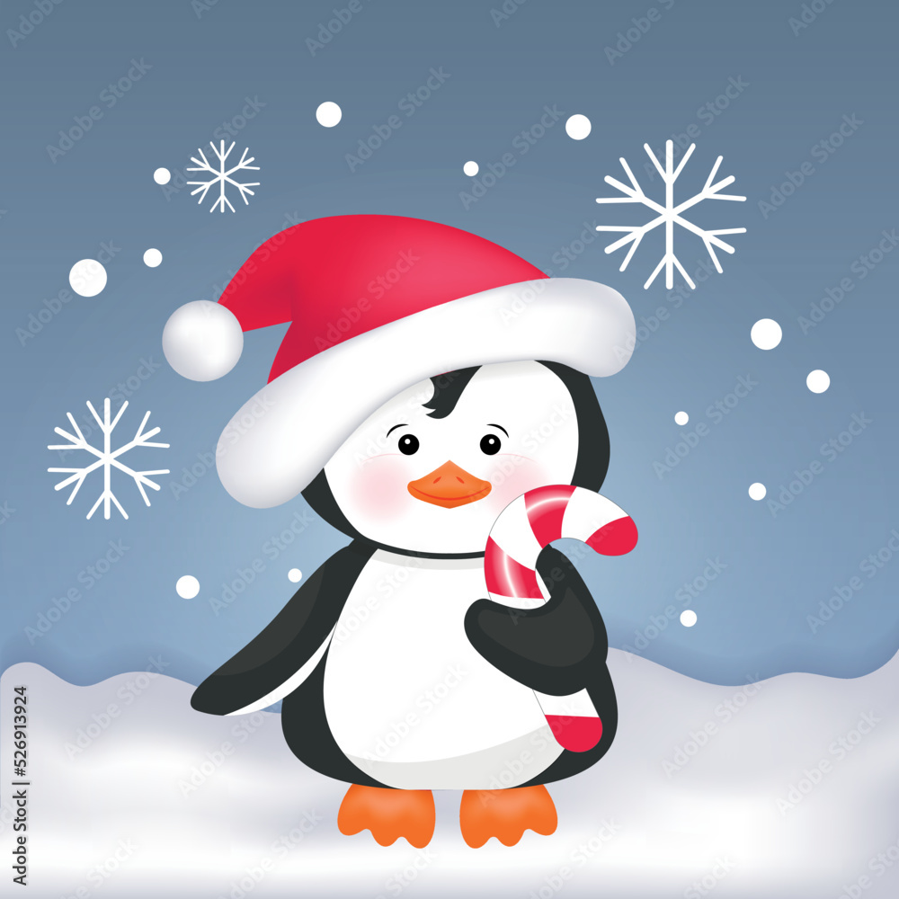 Fototapeta premium A baby penguin in a Santa Claus hat. Cute vector illustration for postcard, cover, poster, invitation, packaging