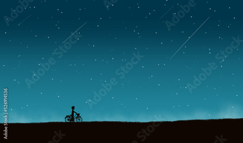 A silhouette of a boy with his bicycle walking on a grass field at night with a starry sky. Digital art style. illustration painting