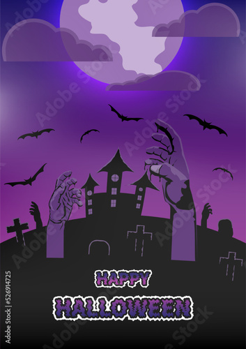 vector illustration Halloween silhouette with elements hand zombie, full moons, castles, cloud,fog, funerals, bats. purple color tone.