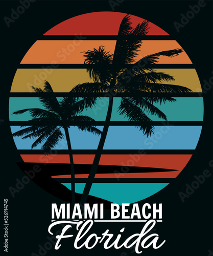 Poster Retro Florida Miami Beach sunset print t-shirt design. Poster palm tree silhouettes