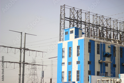 Electric power transmission. Electric Poll in India. Power plant. Power supply. Electric wires.