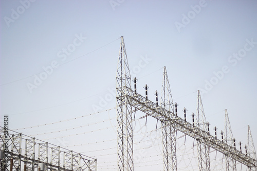 Electric power transmission. Electric Poll in India. Power plant. Power supply. Electric wires.