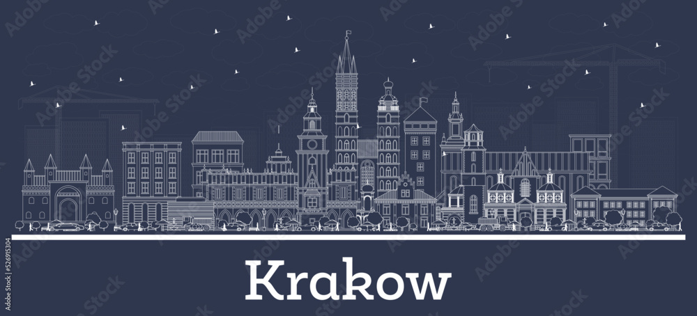 Outline Krakow Poland City Skyline with White Buildings.