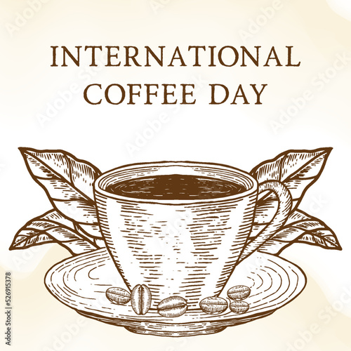 hand drawn international coffee day illustration with cups of coffee, leaves, and bean coffee