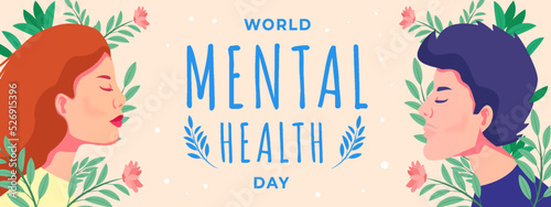 world mental health day banner illustration with men and women relaxing and flowers