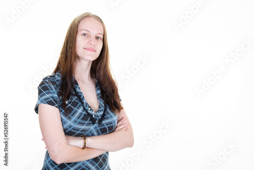 Portrait of blonde beautiful and serious businesswoman crossing arms folded and looking confident
