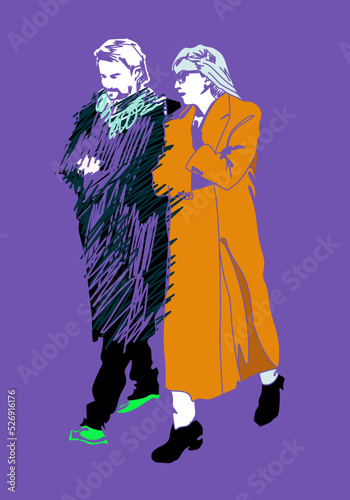 Abstract watercolor draw Two  woman man, fashion vector color print design, cool style , couple, street style, shopping