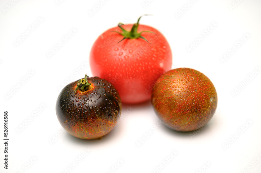 Czarne pomidory. Czerwony i czarny pomidor z kroplami wody na skórce. Dojrzałe warzywa. Warzywa do sałatki. Zdrowa dieta. Dieta warzywna.  - obrazy, fototapety, plakaty 